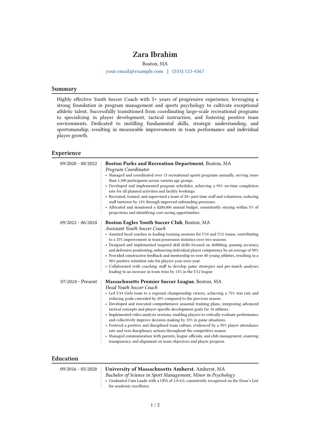 Youth Soccer Coach resume example, Career changer, page 1