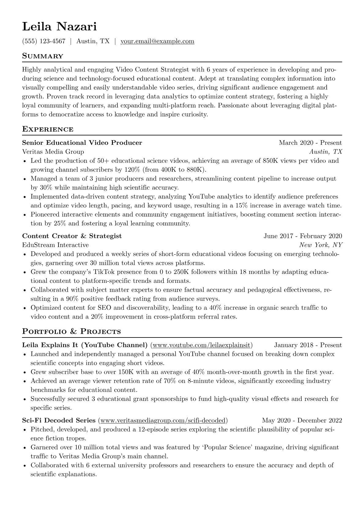 Youtuber resume example, Educational Youtuber, page 1