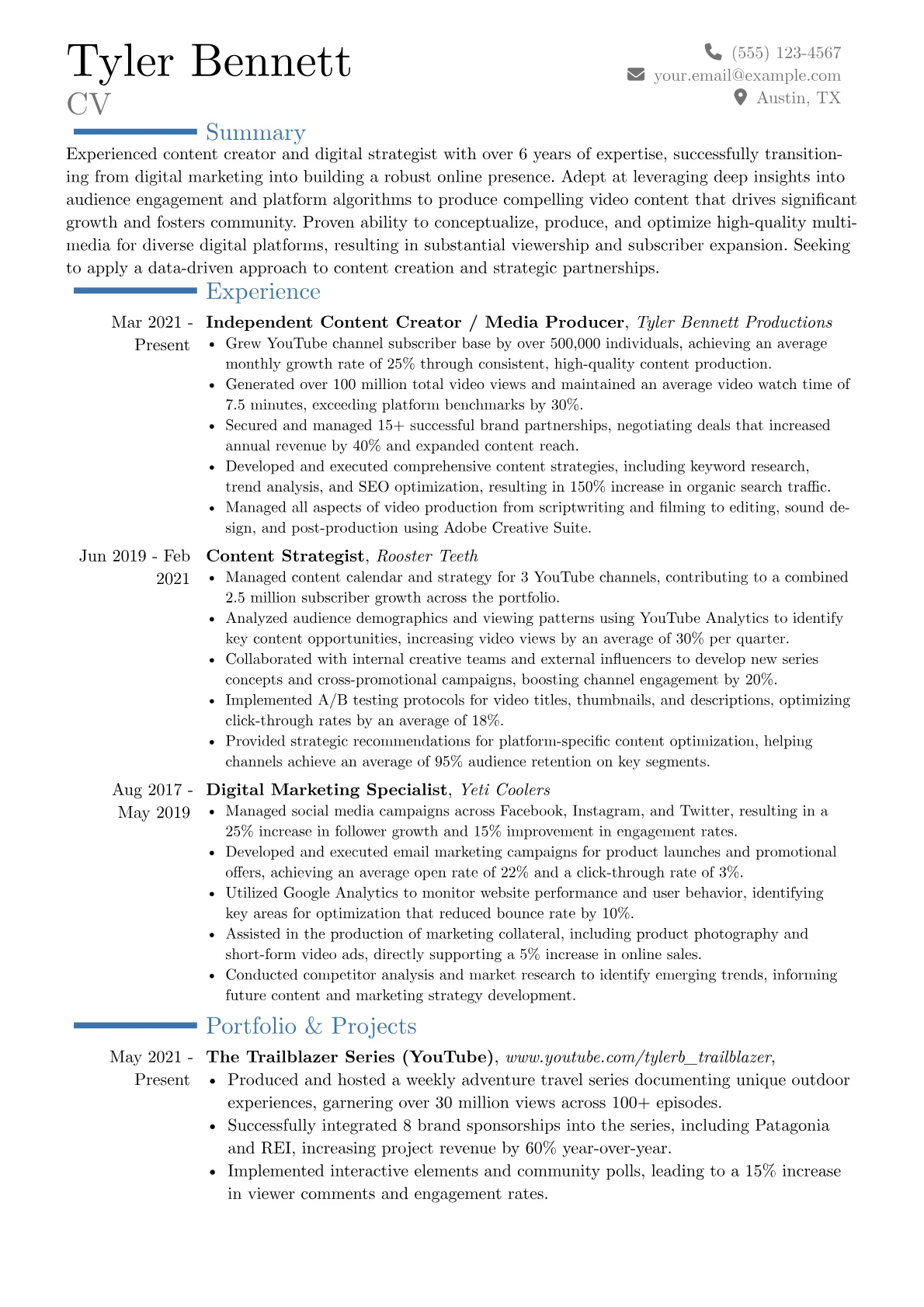 Youtuber resume example, Career changer, page 1