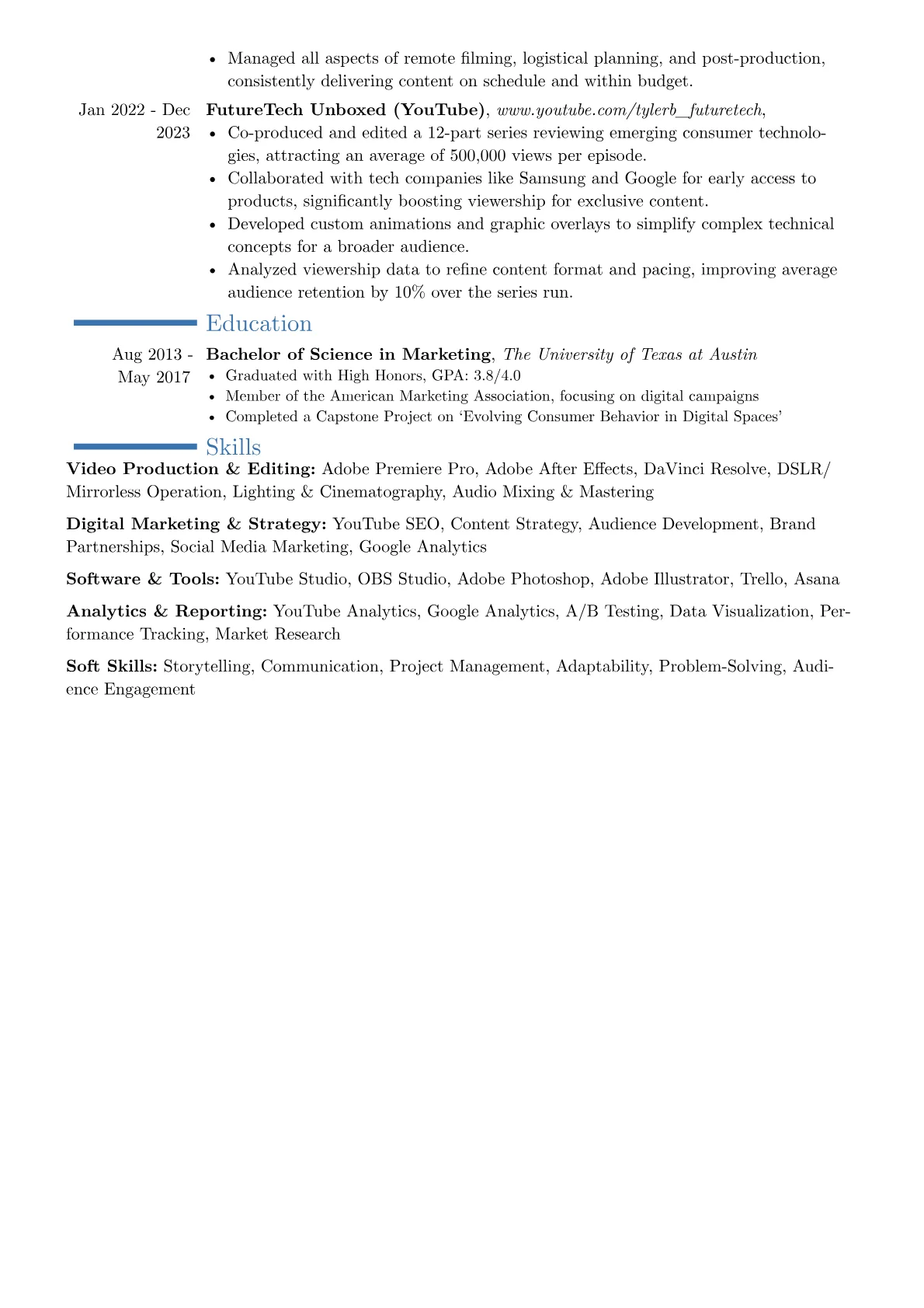 Youtuber resume example, Career changer, page 2