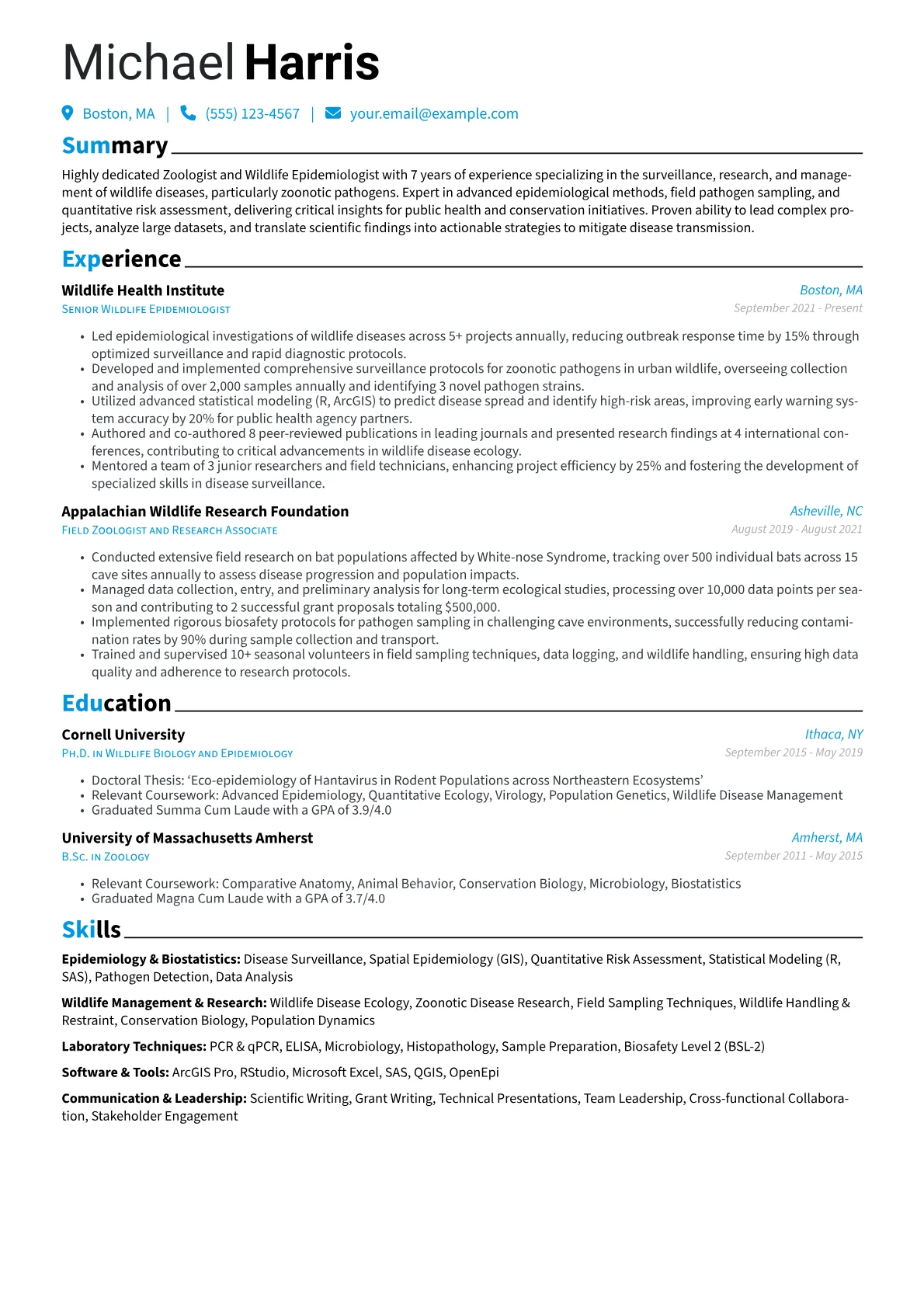 Zoologist resume example, Zoologist, page 1