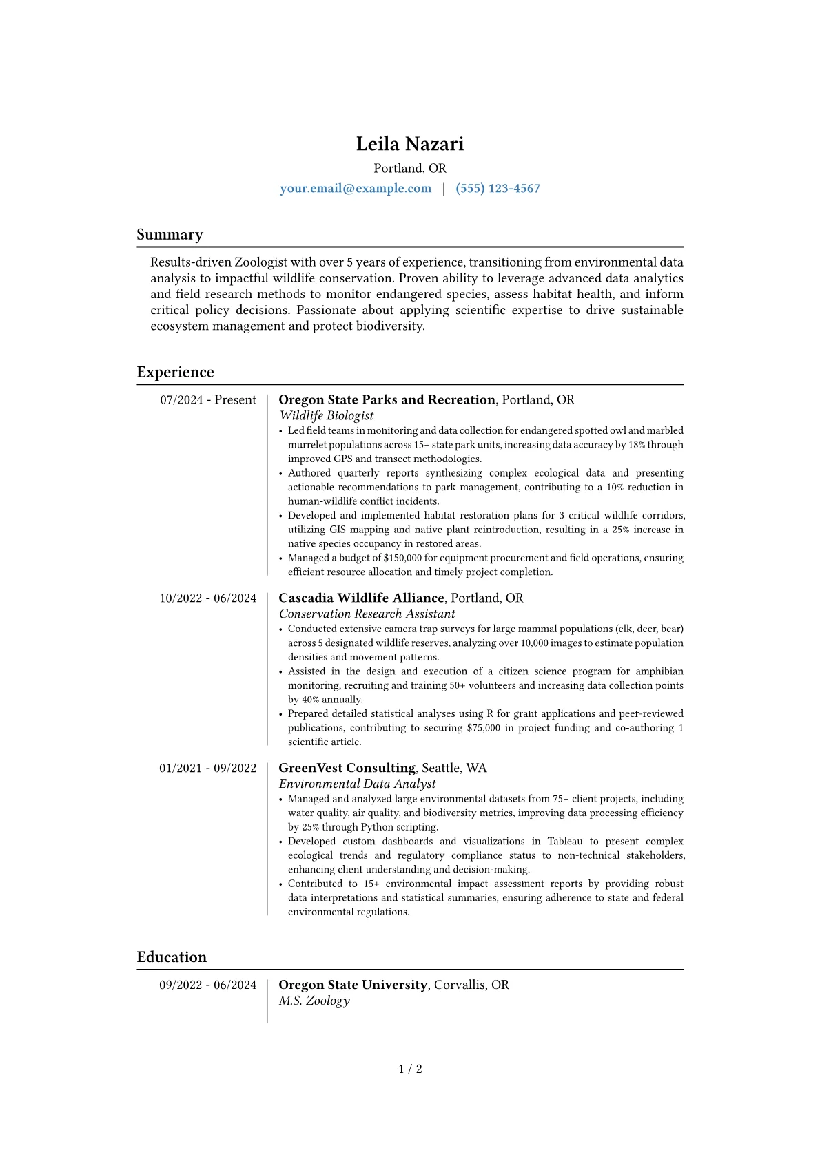 Zoologist resume example, Career changer, page 1