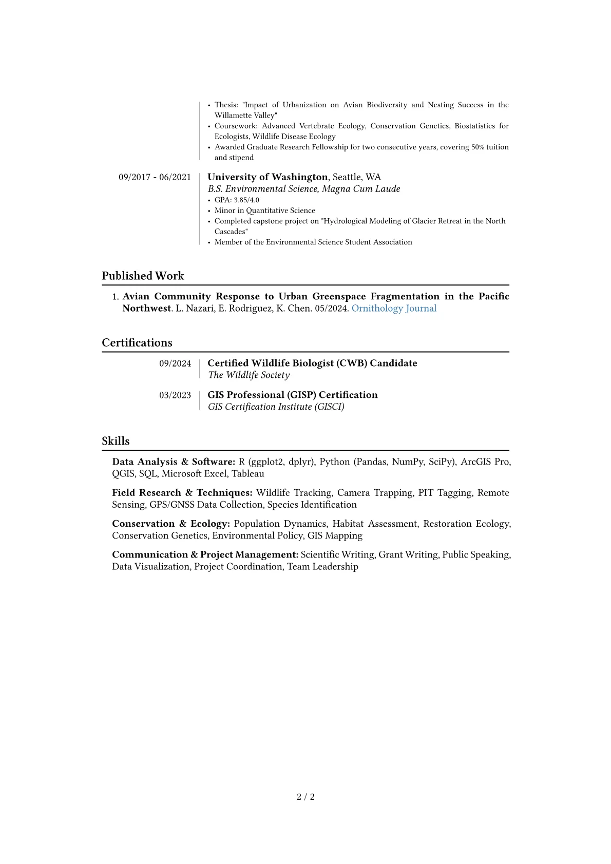 Zoologist resume example, Career changer, page 2