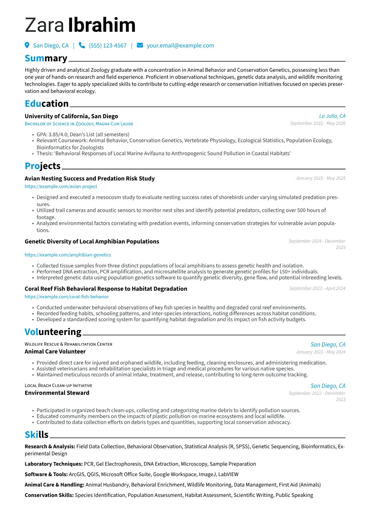 Zoology resume example, Zoology: Animal Behavior, page 1