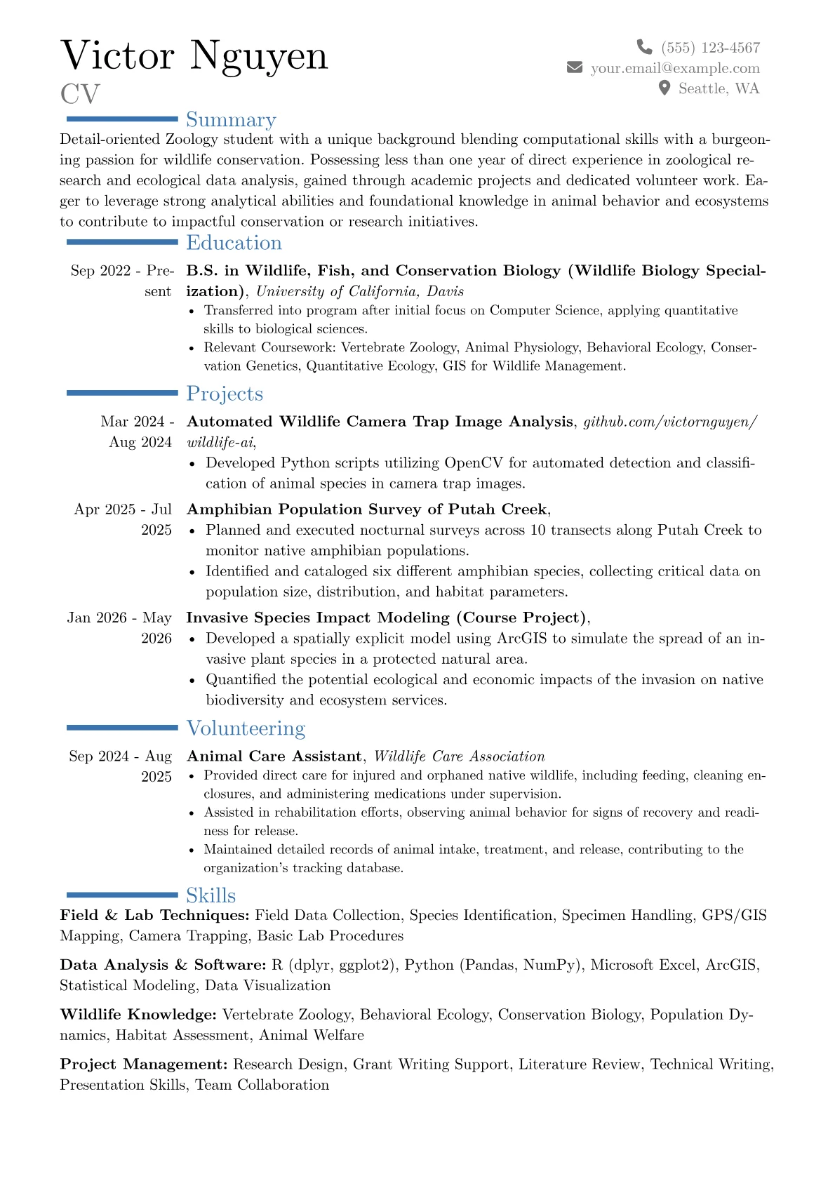 Zoology resume example, Career changer, page 1