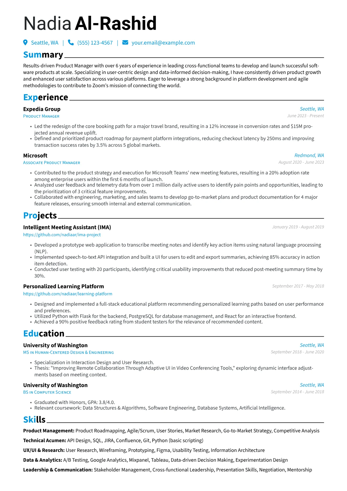 Zoom resume example, Product Manager, page 1