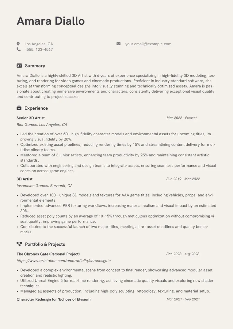 3D Artist Resume Example CV template preview