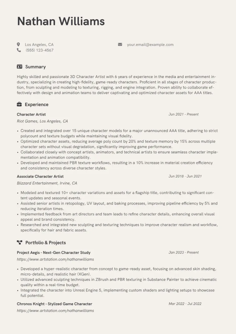 3D Character Artist Resume Example CV template preview