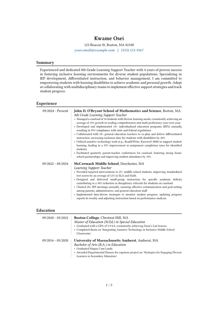 8th Grade Learning Support Teacher Resume Example CV template preview