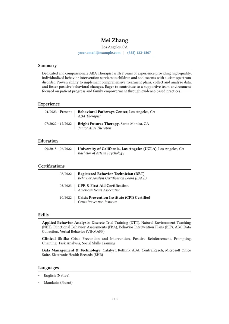 ABA Therapist Resume Example