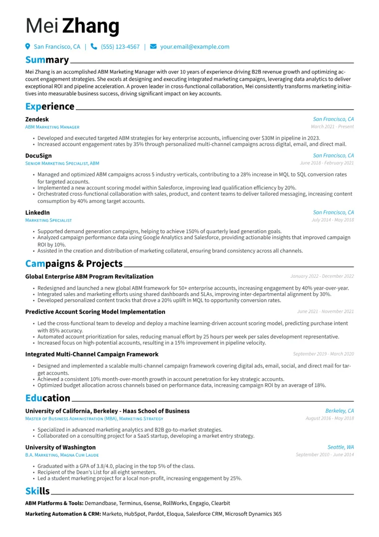 ABM Marketing Manager Resume Example CV template preview