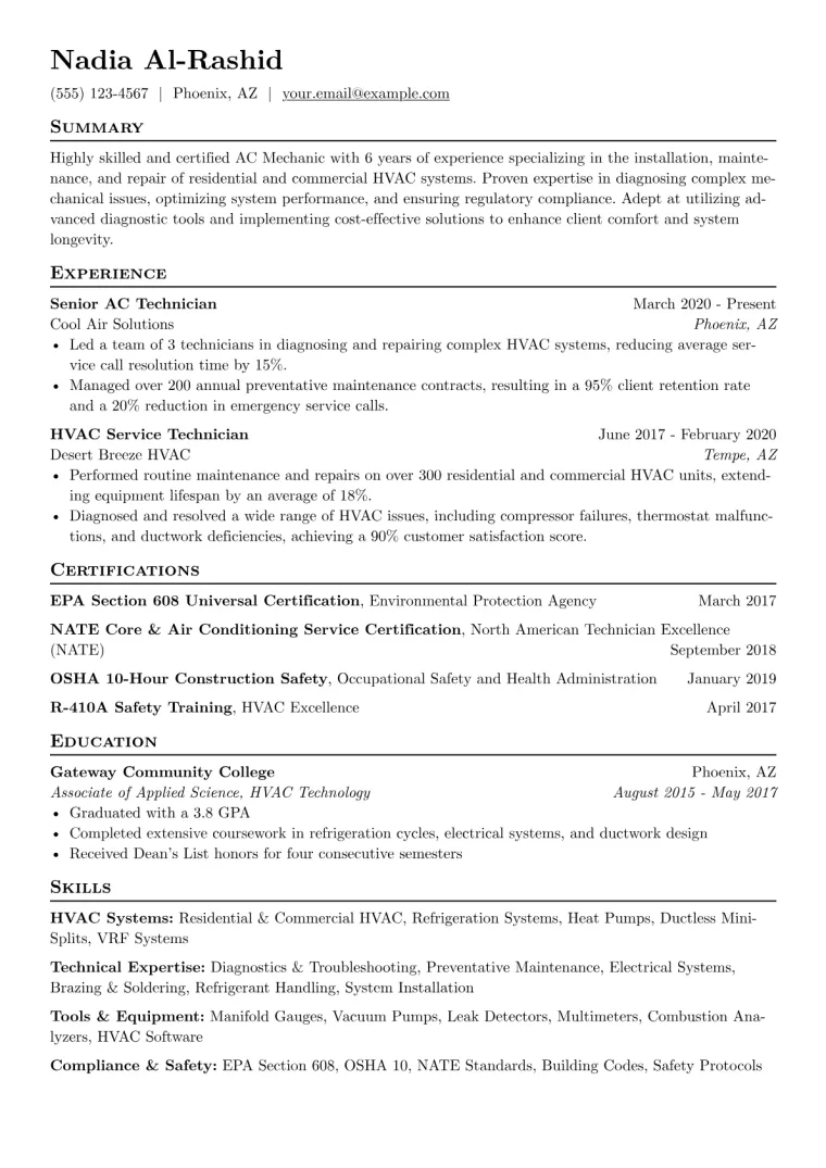 AC Mechanic Resume Example CV template preview