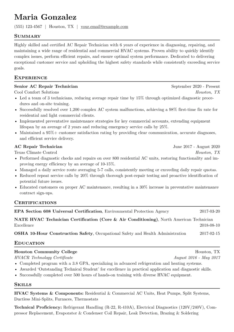 AC Repair Technician Resume Example CV template preview