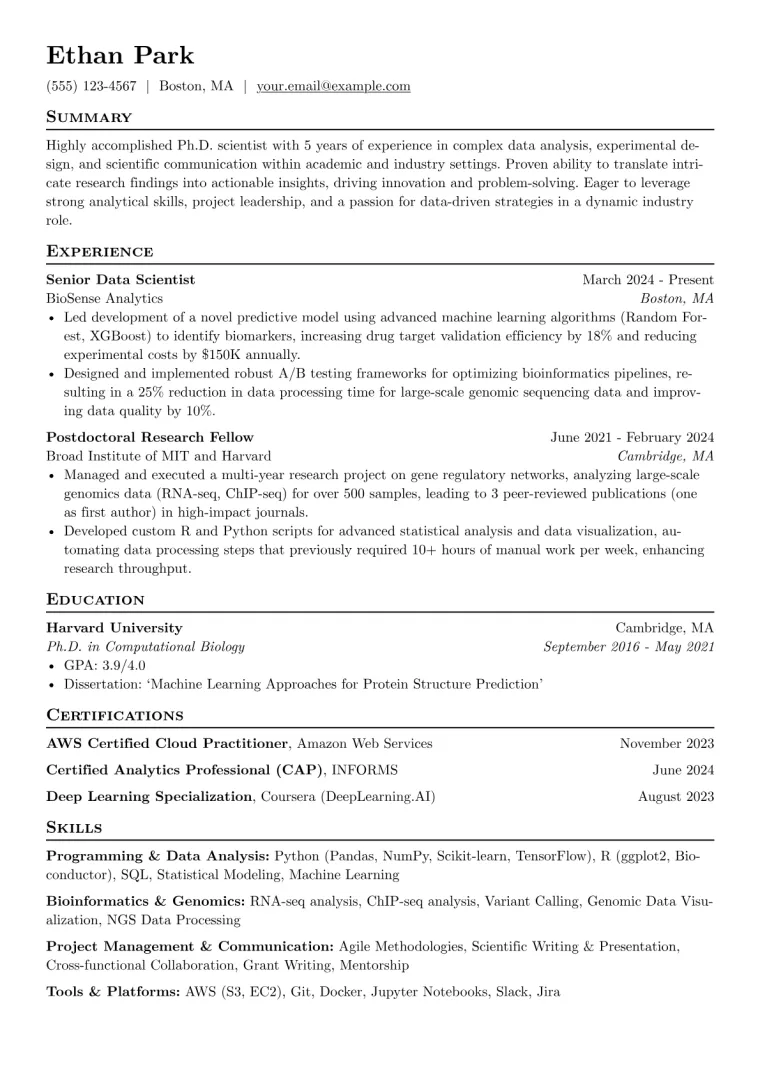 Academia to Industry Resume Example CV template preview