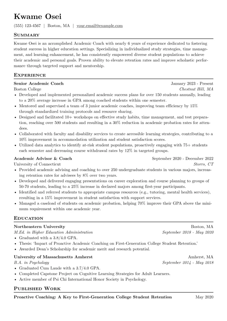 Academic Coach Resume Example preview