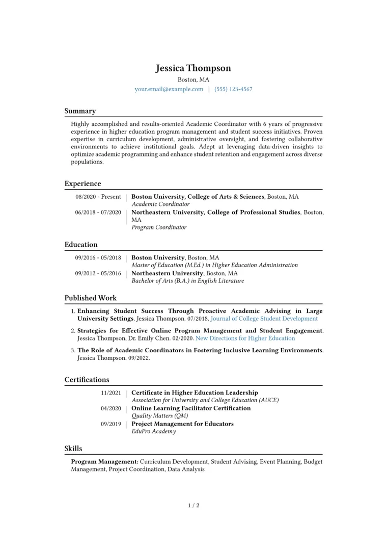 Academic Coordinator Resume Example