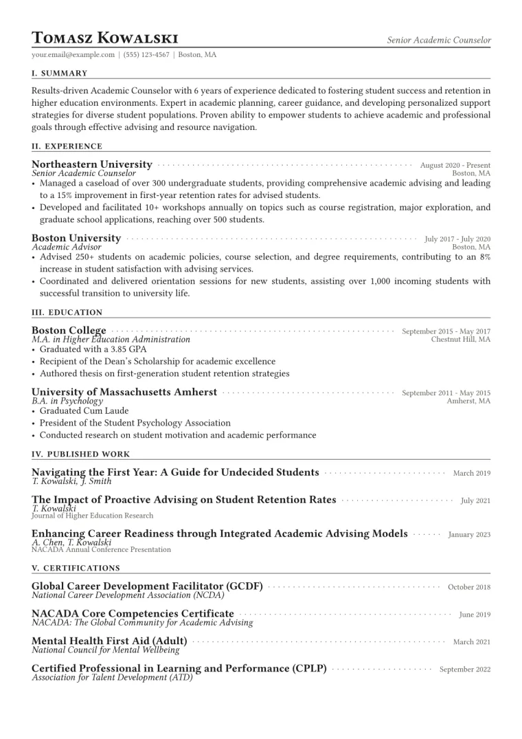 Academic Counselor Resume Example CV template preview