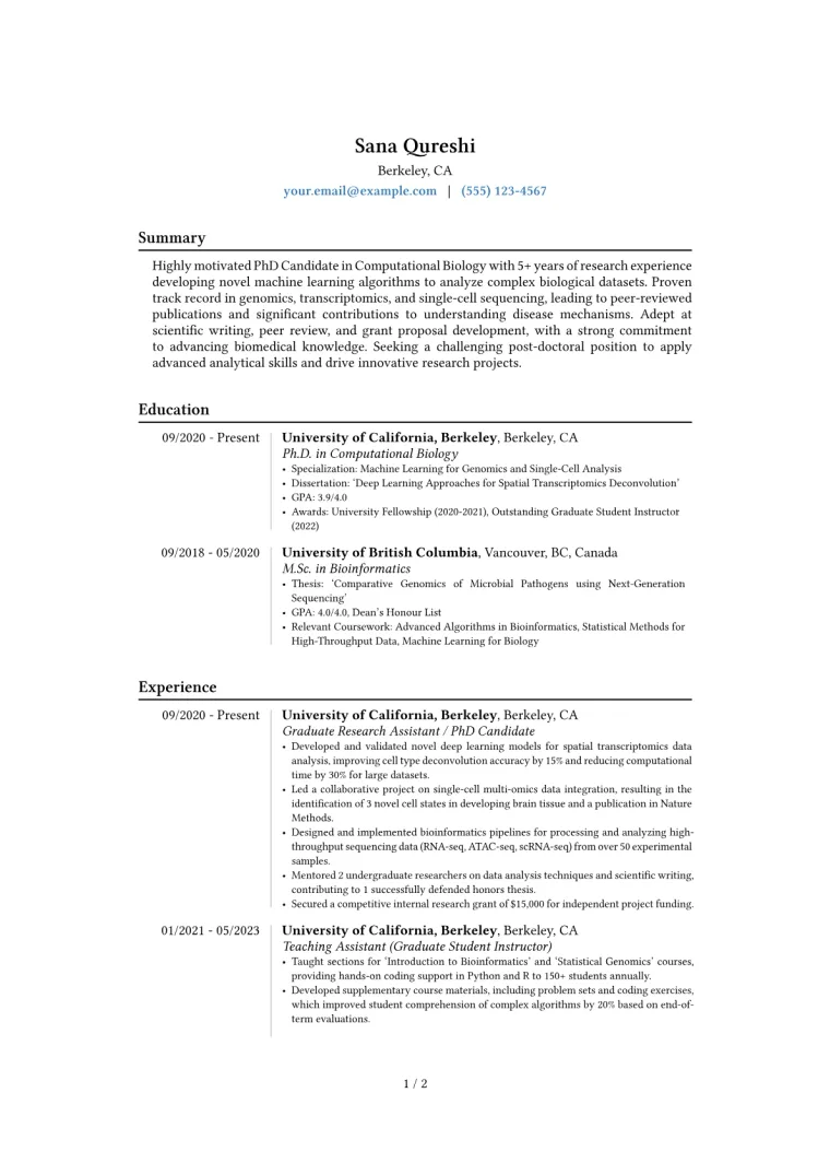 Academic CV Example preview