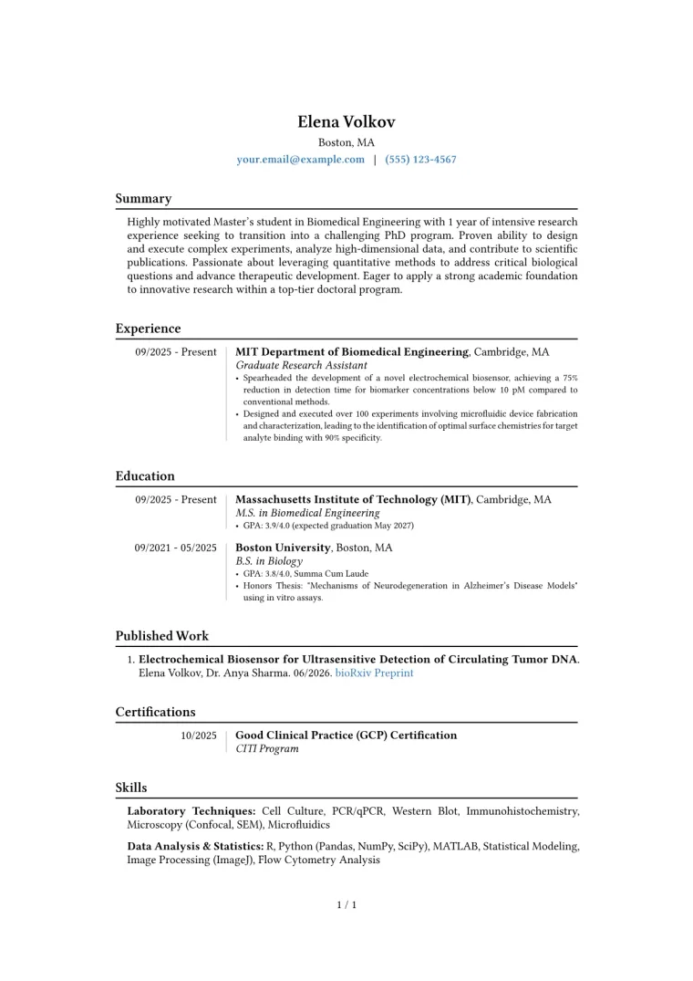Academic PhD Application Resume Example preview