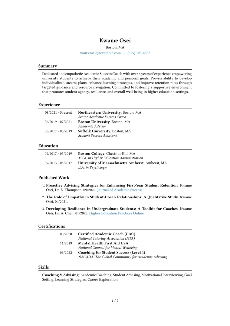 Academic Success Coach Resume Example