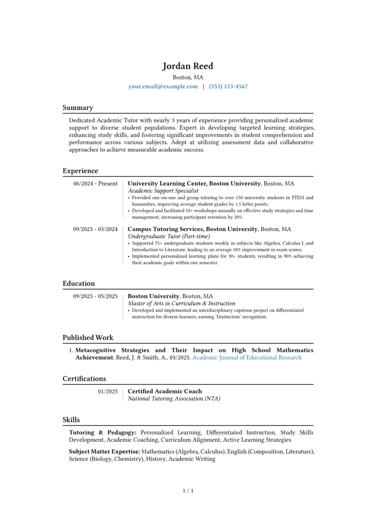 Academic Tutor Resume Example CV template preview