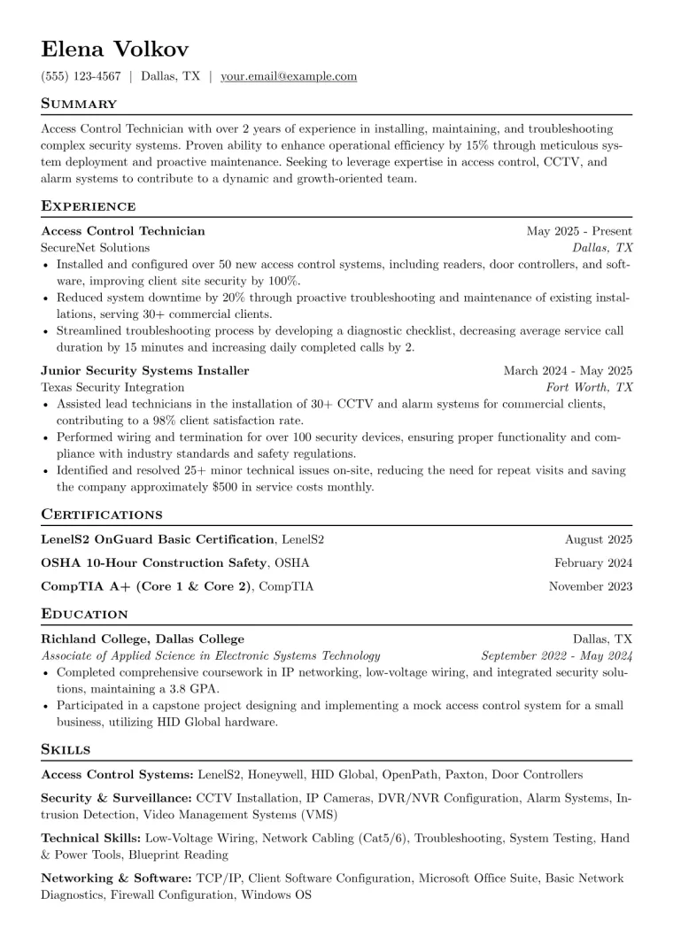 Access Control Technician Resume Example preview