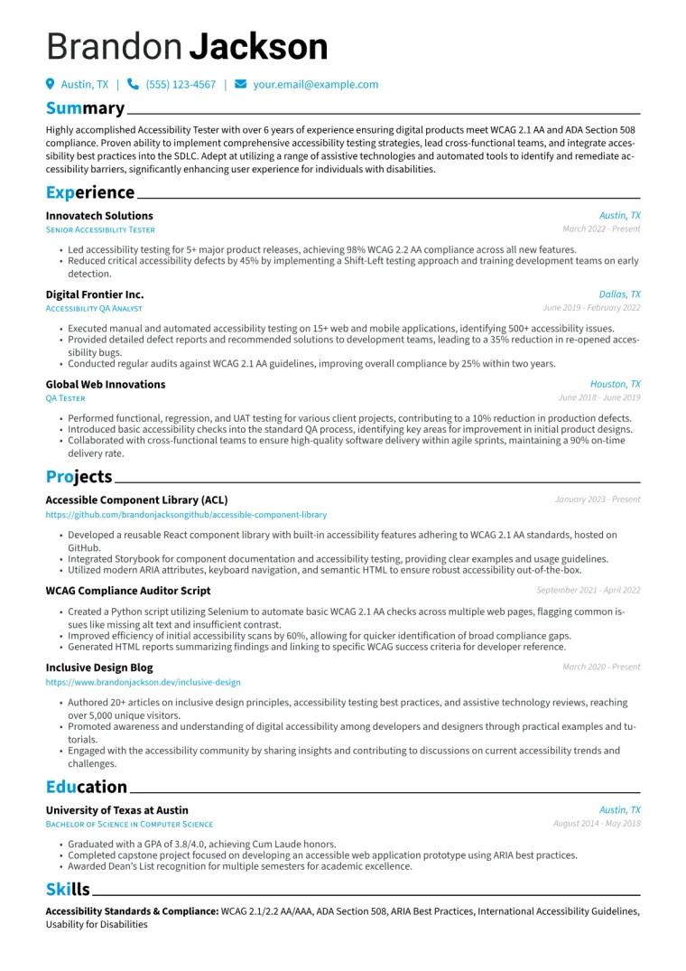 Accessibility Tester Resume Example CV template preview