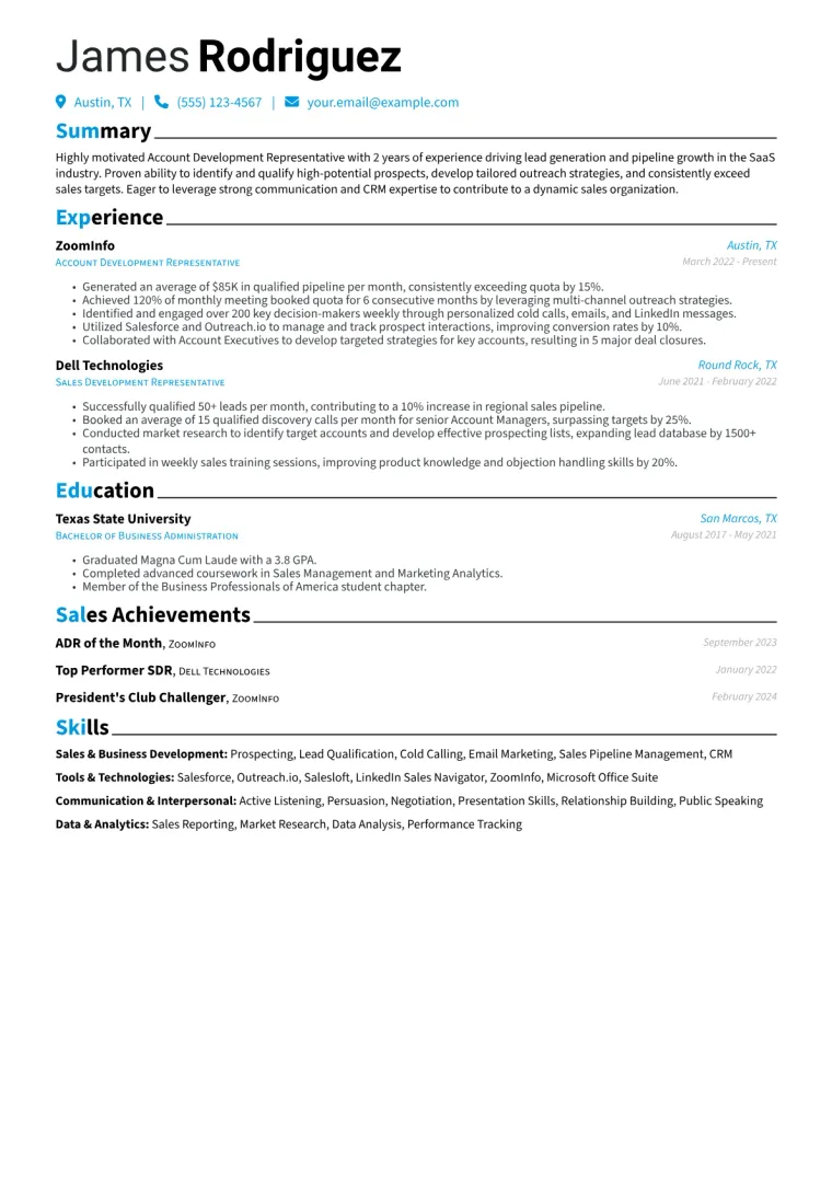 Account Development Representative Resume Example CV template preview