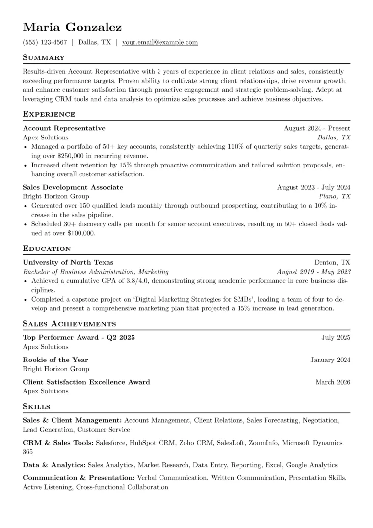 Account Representative Resume Example preview