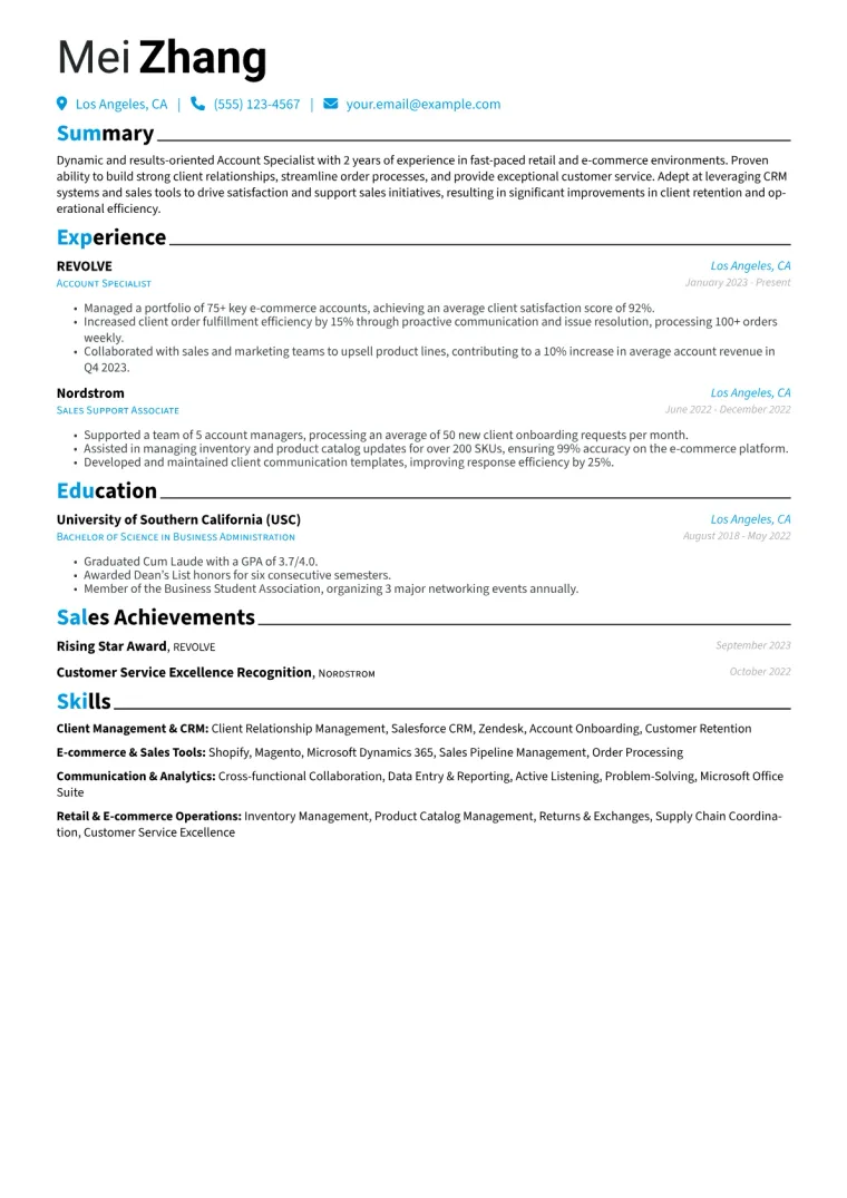 Account Specialist Resume Example CV template preview