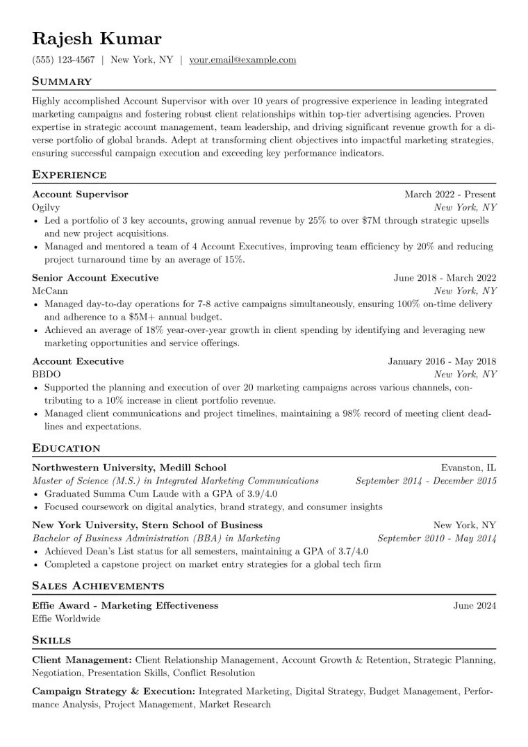 Account Supervisor Resume Example CV template preview