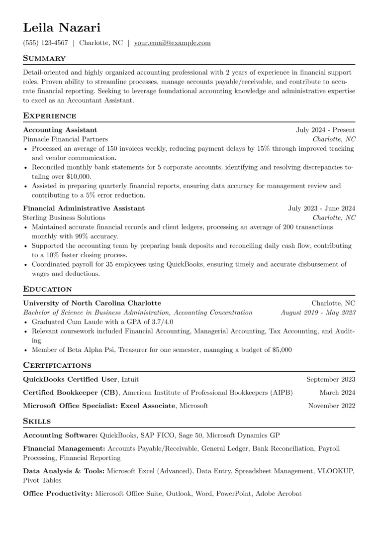 Accountant Assistant Resume Example CV template preview