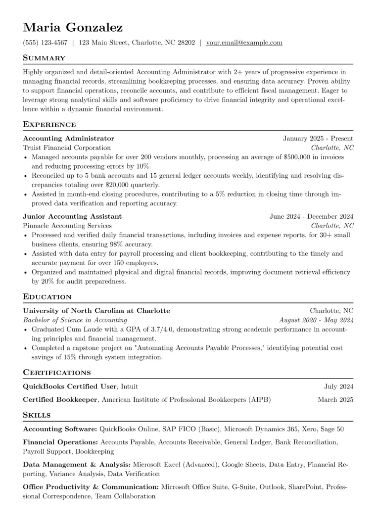 Accounting Administrator Resume Example CV template preview