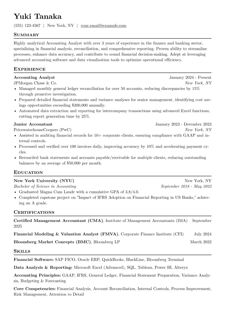 Accounting Analyst Resume Example CV template preview