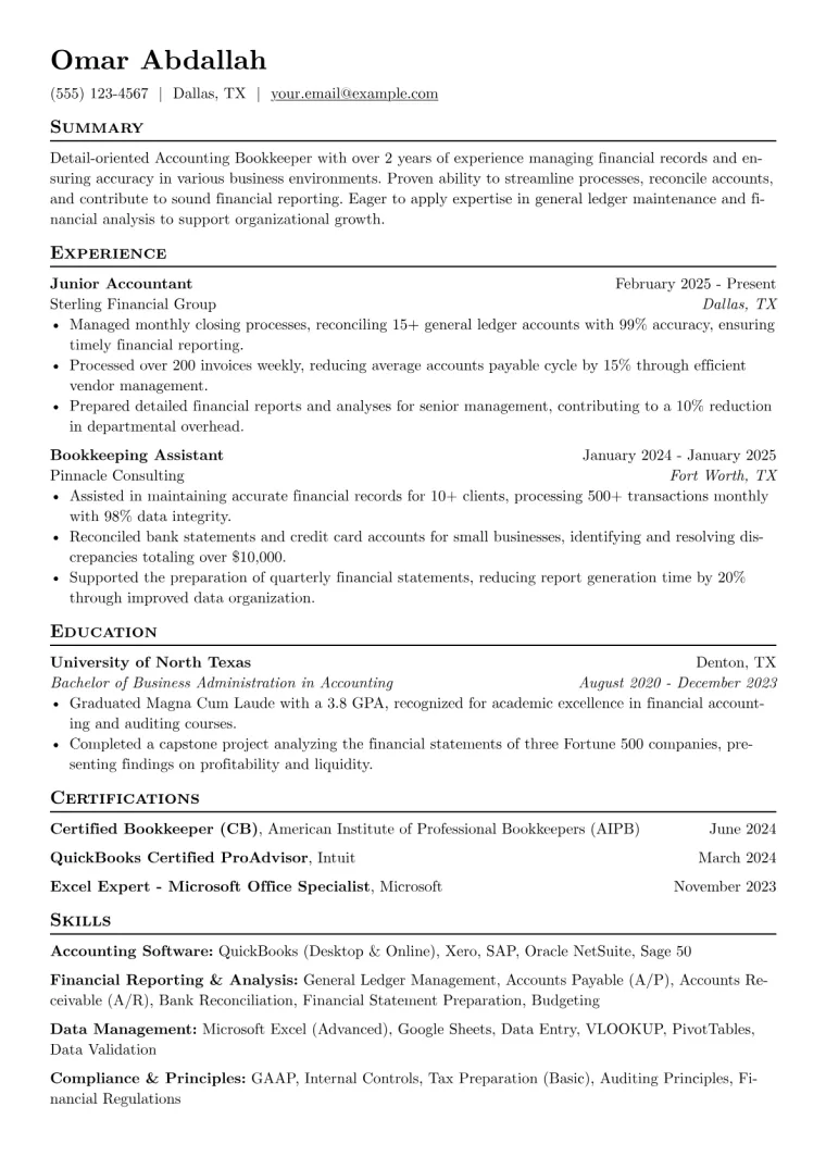 Accounting Bookkeeper Resume Example preview