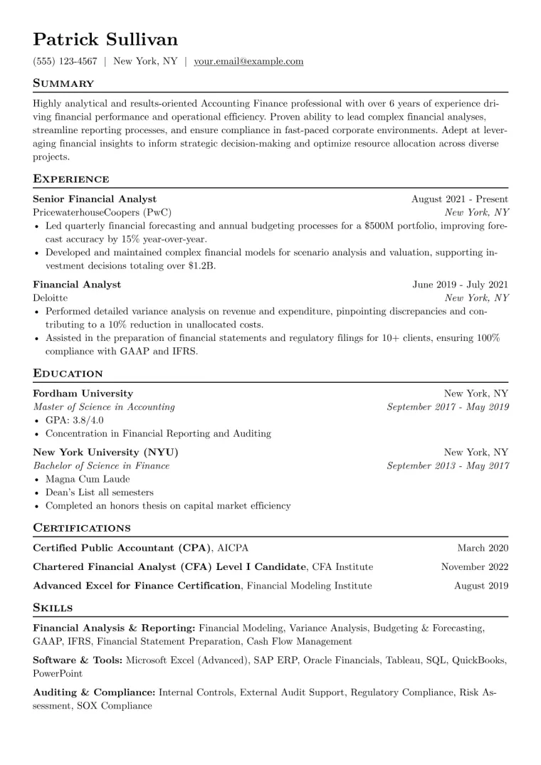 Accounting Finance Resume Example CV template preview