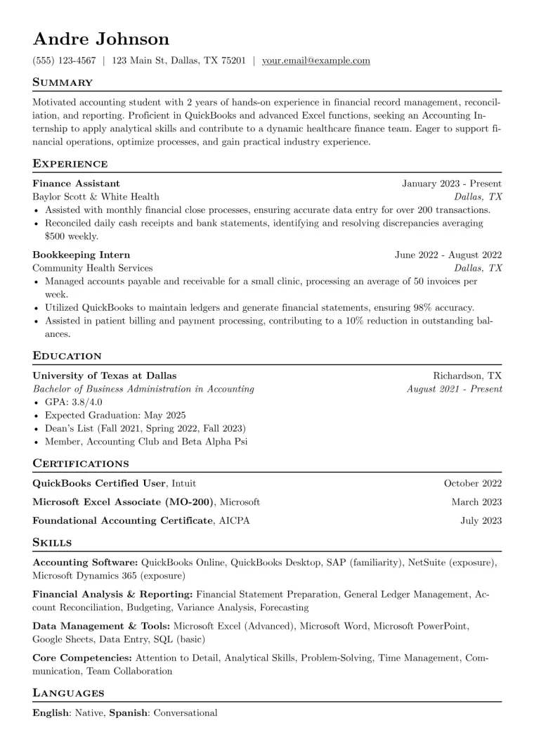 Accounting Internship Resume Example CV template preview