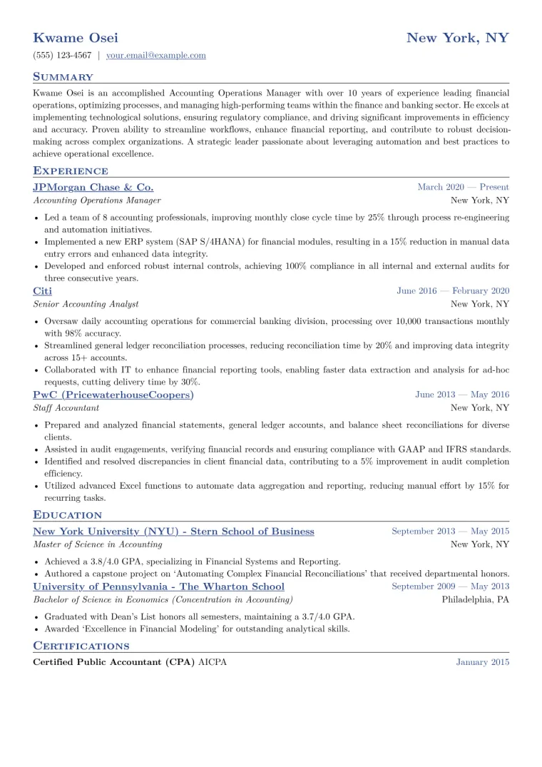 Accounting Operations Manager Resume Example CV template preview