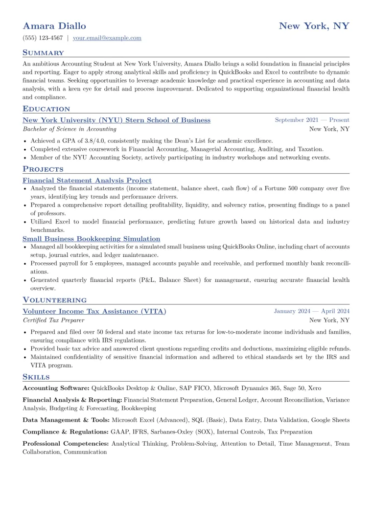 Accounting Student Resume Example CV template preview