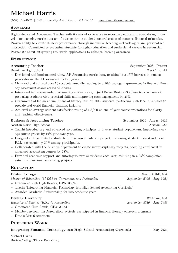 Accounting Teacher Resume Example preview