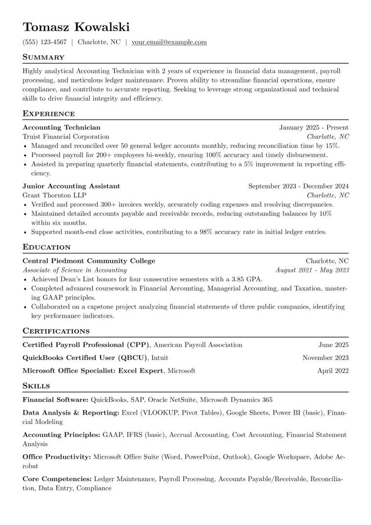Accounting Technician Resume Example CV template preview
