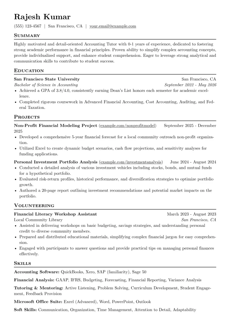 Accounting Tutor Resume Example preview