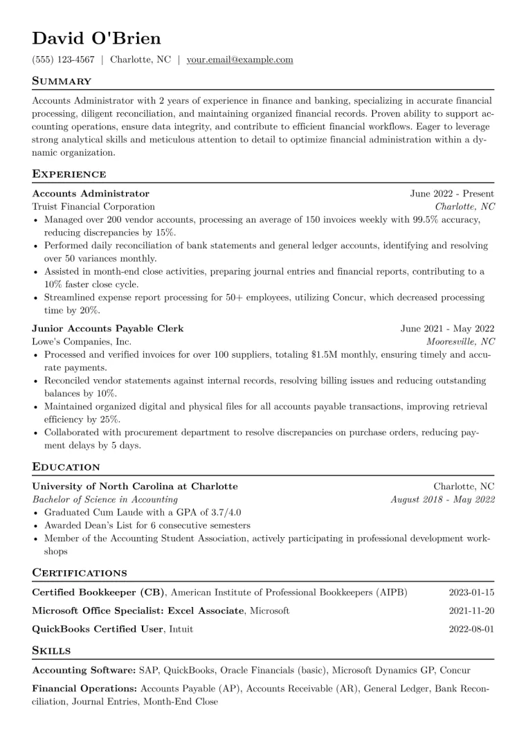 Accounts Administrator Resume Example CV template preview