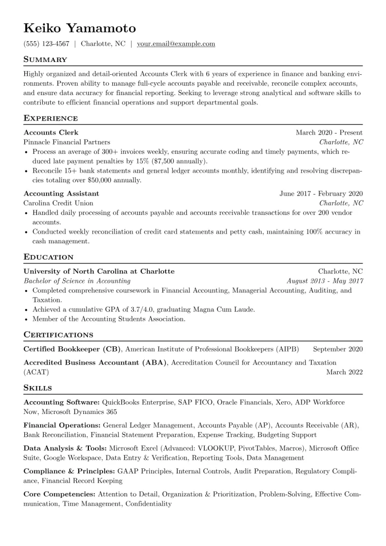 Accounts Clerk Resume Example CV template preview