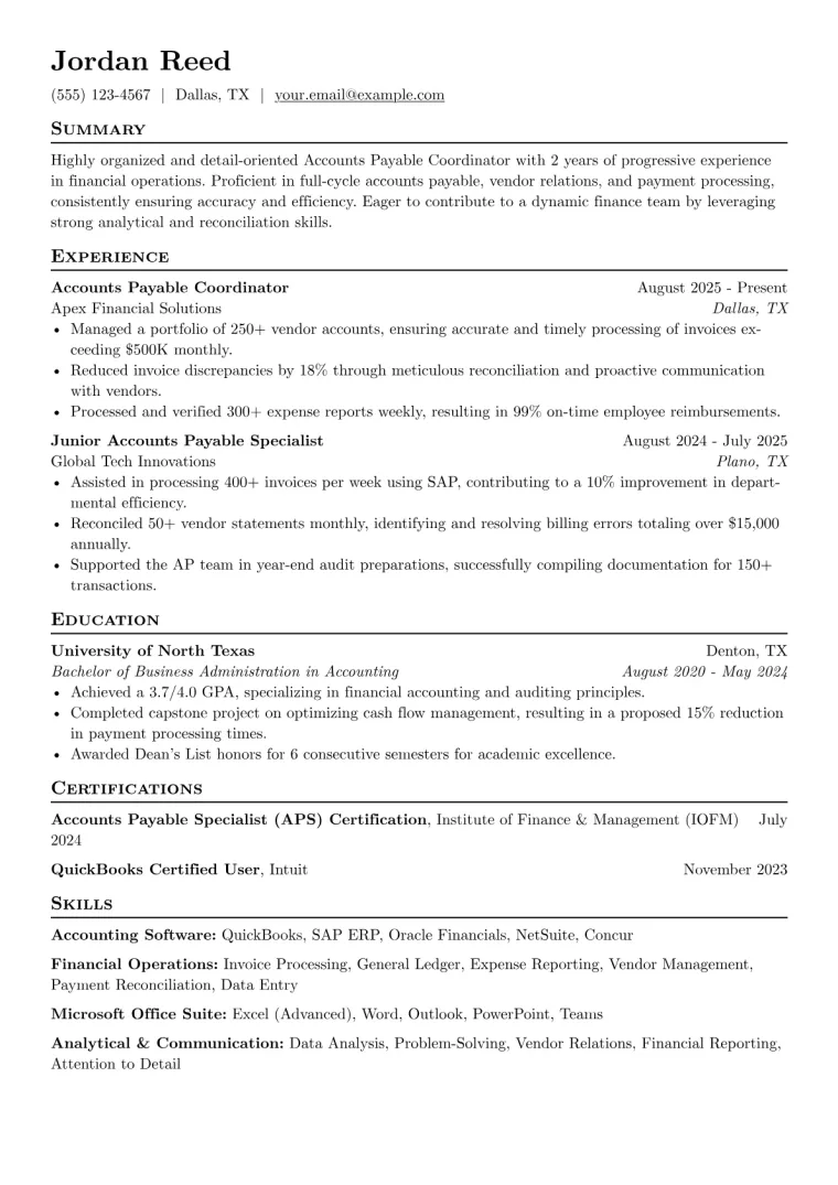 Accounts Payable Coordinator Resume Example preview