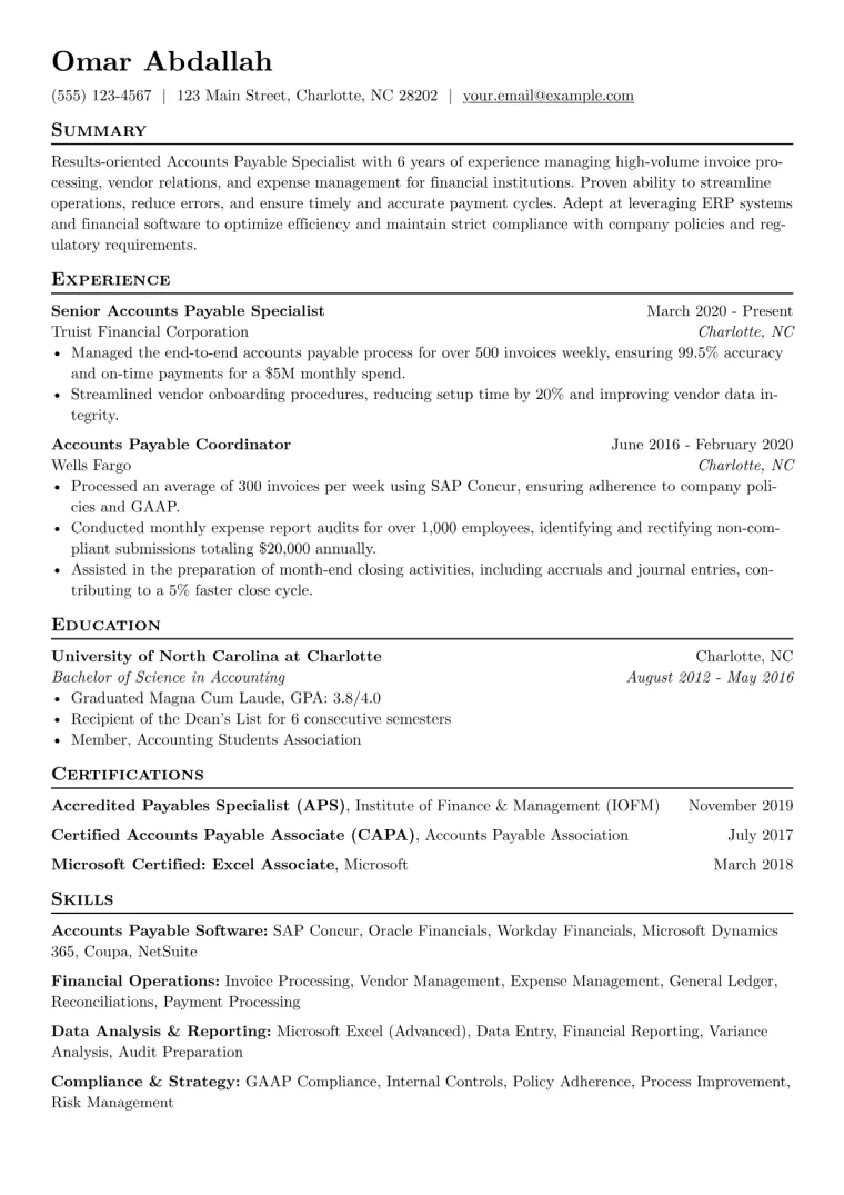 Accounts Payable Resume Example CV template preview