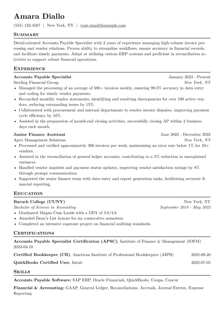 Accounts Payable Specialist Resume Example CV template preview