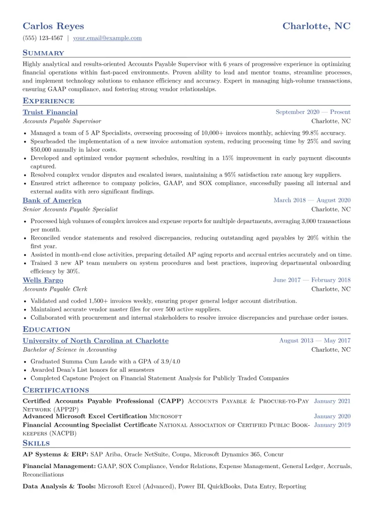 Accounts Payable Supervisor Resume Example CV template preview