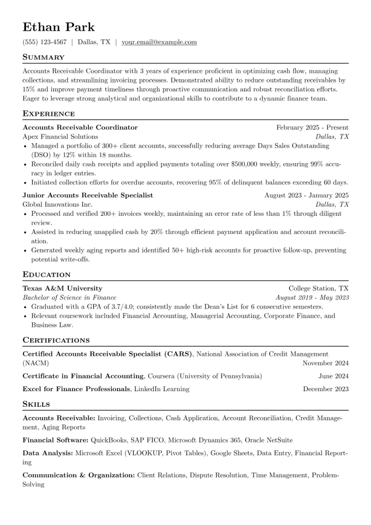 Accounts Receivable Coordinator Resume Example preview