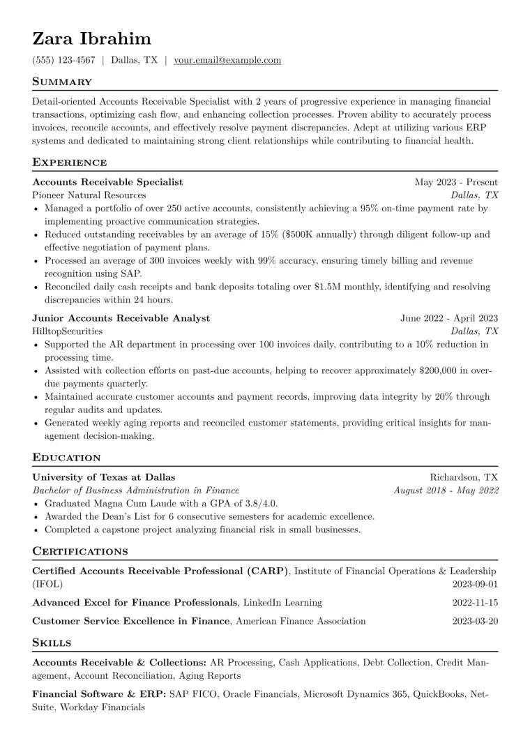 Accounts Receivable Specialist Resume Example CV template preview